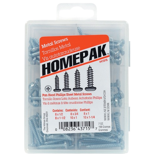 Assorted pan head Phillips sheet metal screws in plastic case for hardware and home improvement fasteners collection