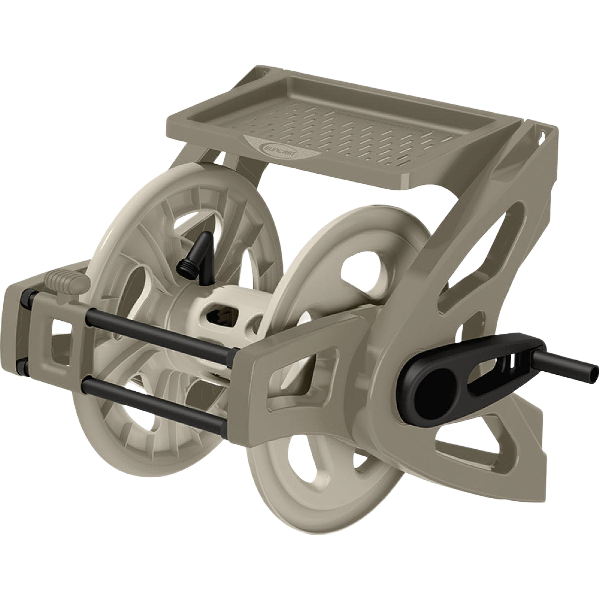 Taupe resin hose reel with built-in tray and handle for wall mounting in watering and irrigation tools under $100