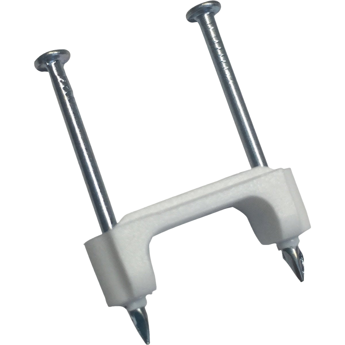 White plastic cable staple with two pointed metal nails for securing wiring in electrical and home improvement projects