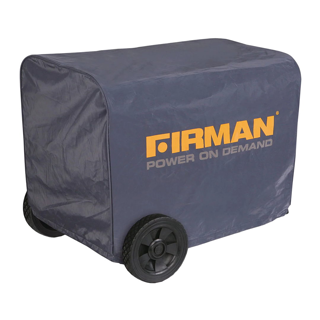 Gray generator cover with bright orange logo protecting a medium portable generator for tools and home improvement use