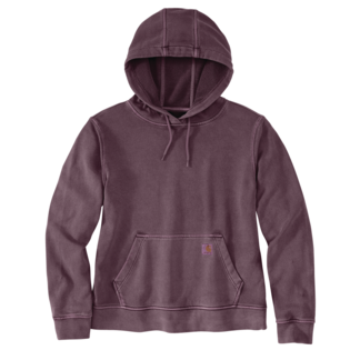 Women's eggplant-colored lightweight French terry hoodie with kangaroo pocket and adjustable drawstring hood for casual wear