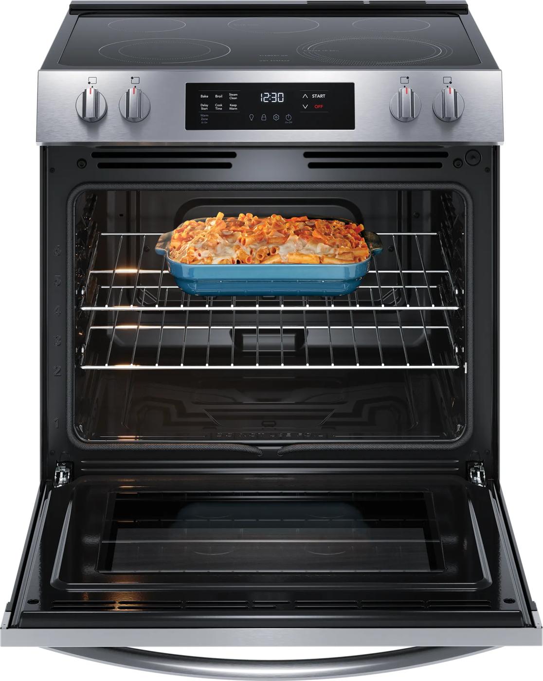 Electric range with front control panel and oven baking a pasta casserole from Ranges and Kitchen & Kitchenware collections