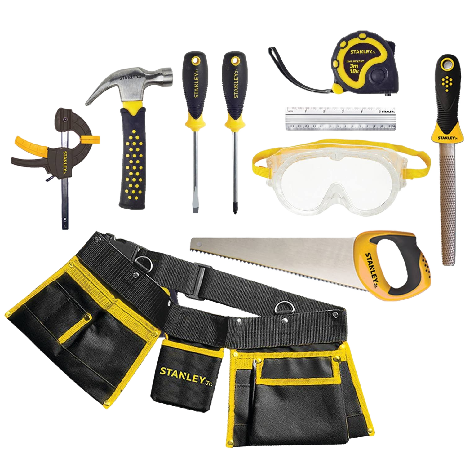 Set of hand tools including hammer, screwdrivers, tape measure, saw, goggles, file, clamp, and tool belt for home projects