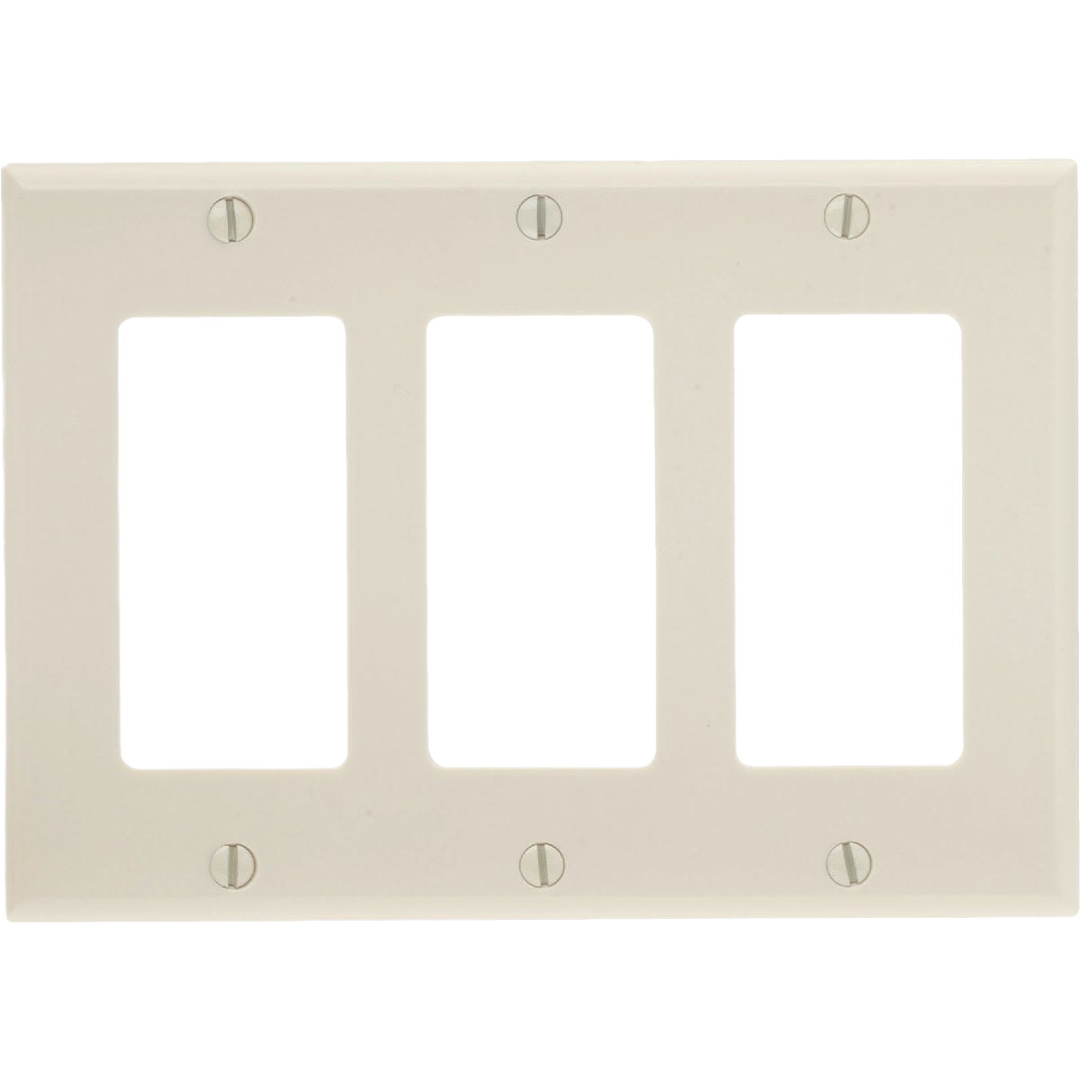 Light almond plastic 3-gang rocker wall plate with smooth finish for home improvement projects