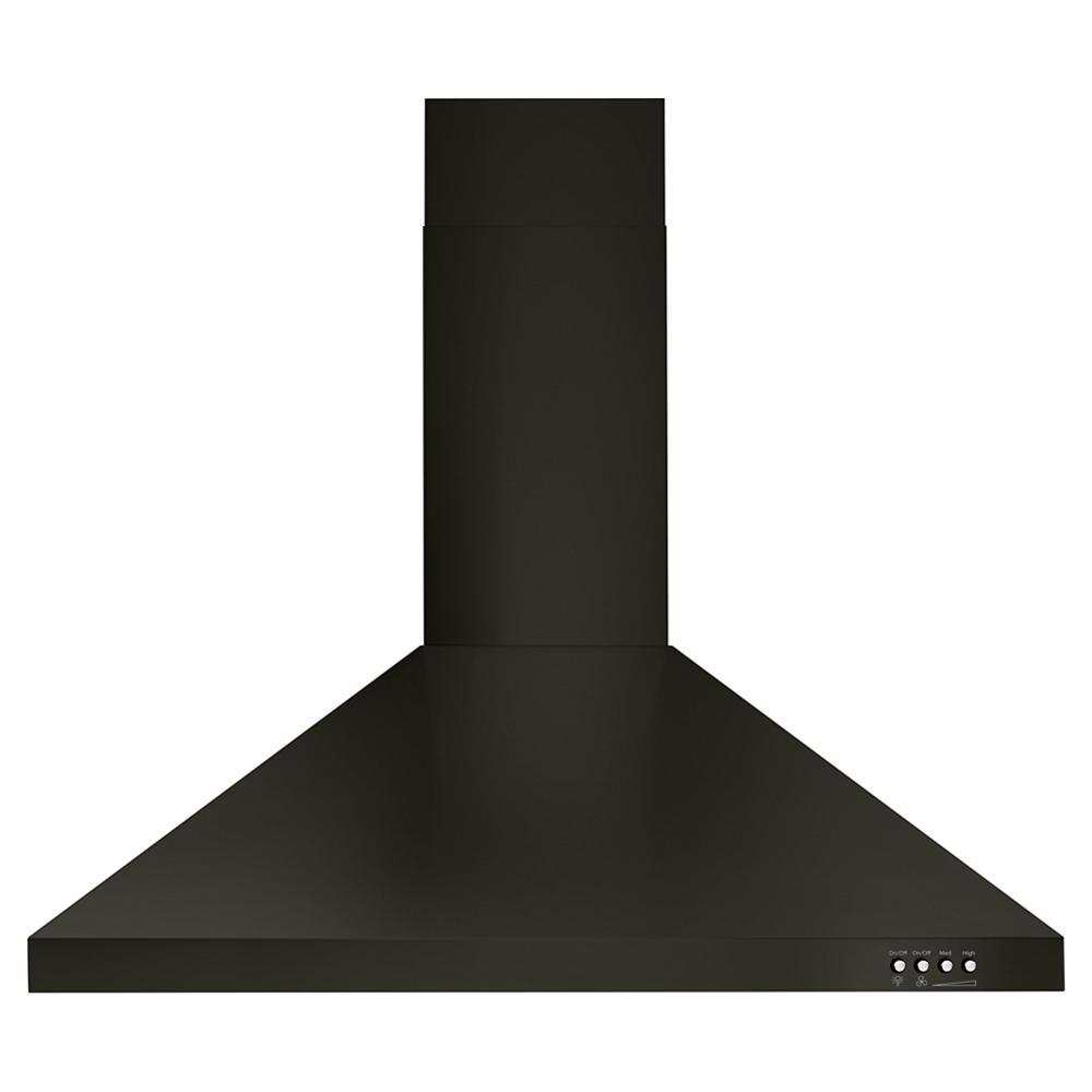Black stainless steel wall mount range hood with 3-speed ventilation and LED task lighting from kitchen appliances collection