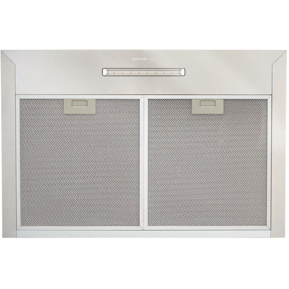 Stainless steel convertible T-style wall mount chimney hood with dual mesh filters and integrated LED lighting in kitchen appliances collection