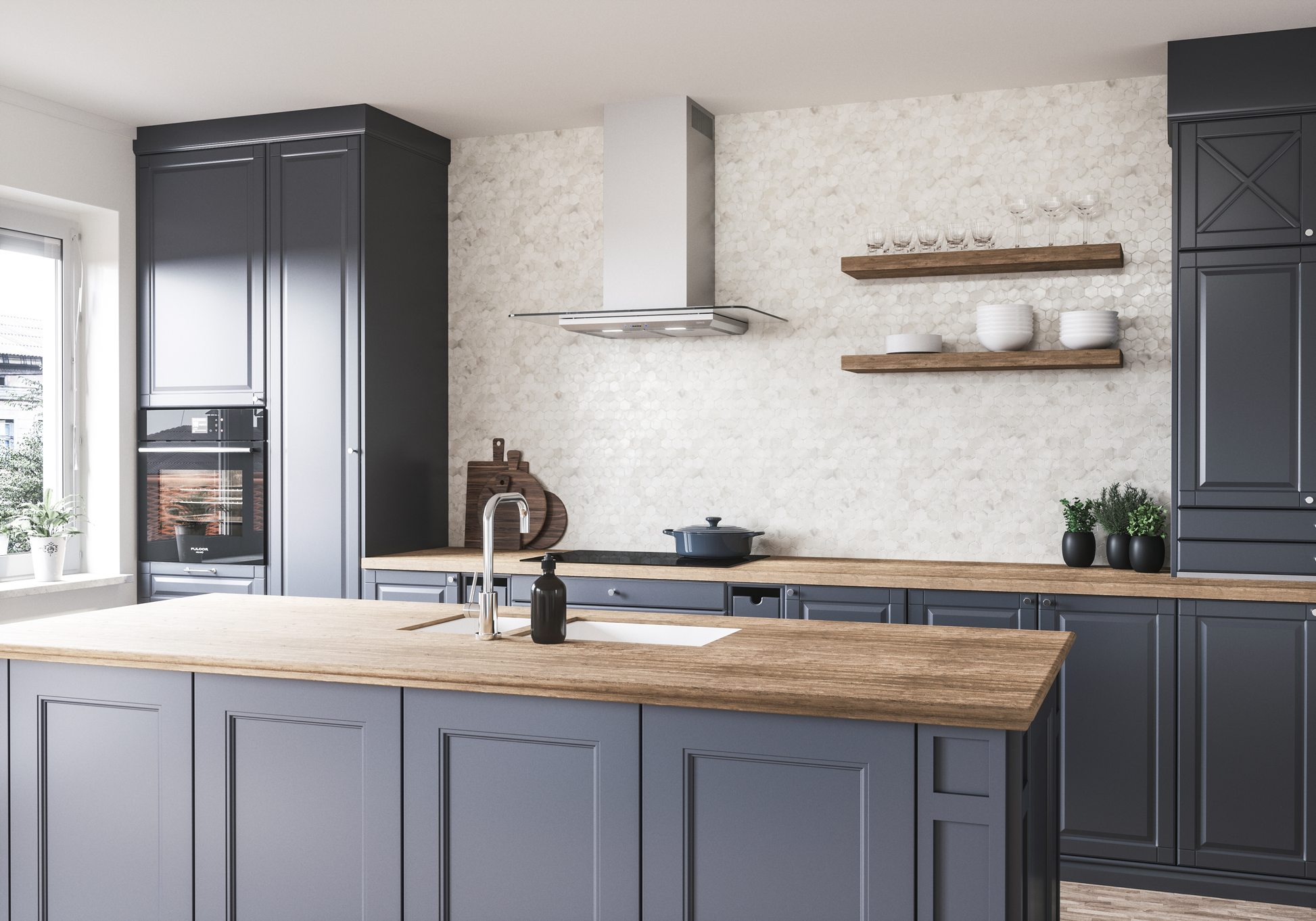 Contemporary kitchen with stainless steel chimney hood, blue cabinetry, wood countertops, and open shelving in home improvement setting