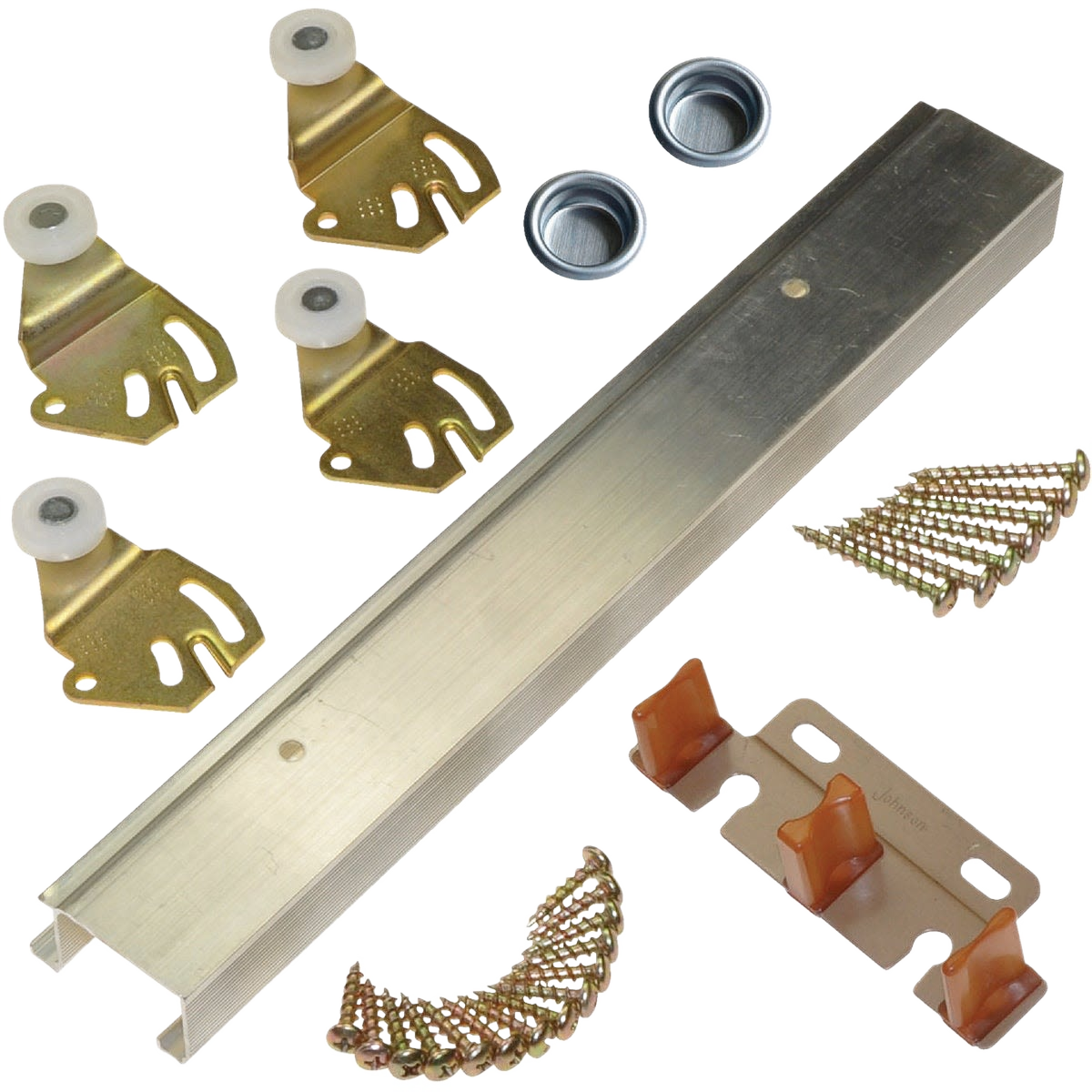 Aluminum sliding door hardware set with rollers, mounting screws, and track for home improvement projects under $100