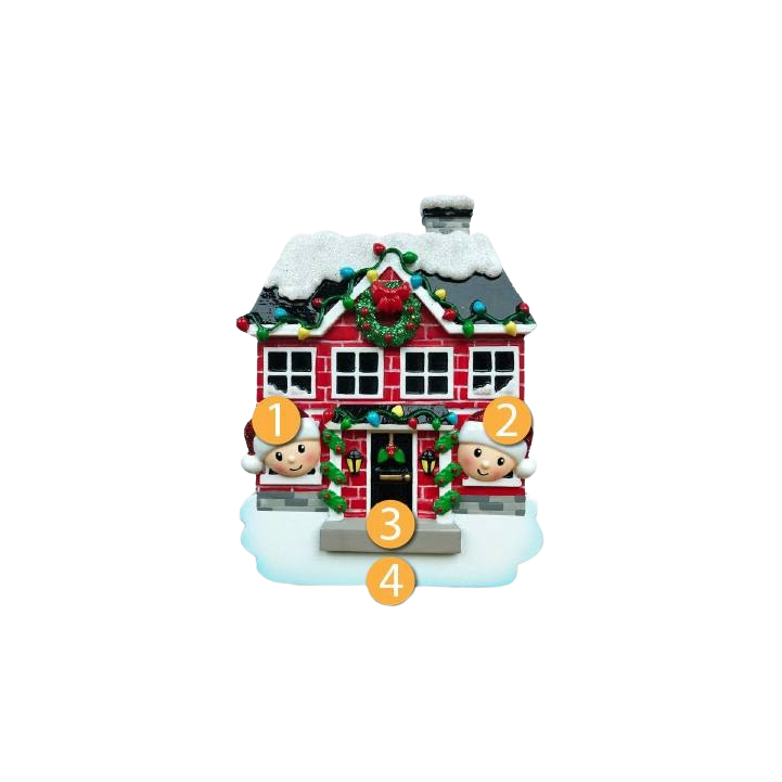 Holiday ornament featuring a red brick new house with two smiling family figures for Christmas tree decorations