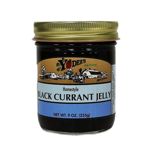 Glass jar of Yoder's black currant jelly with gold lid in jams and jellies under $50 food and beverage collection