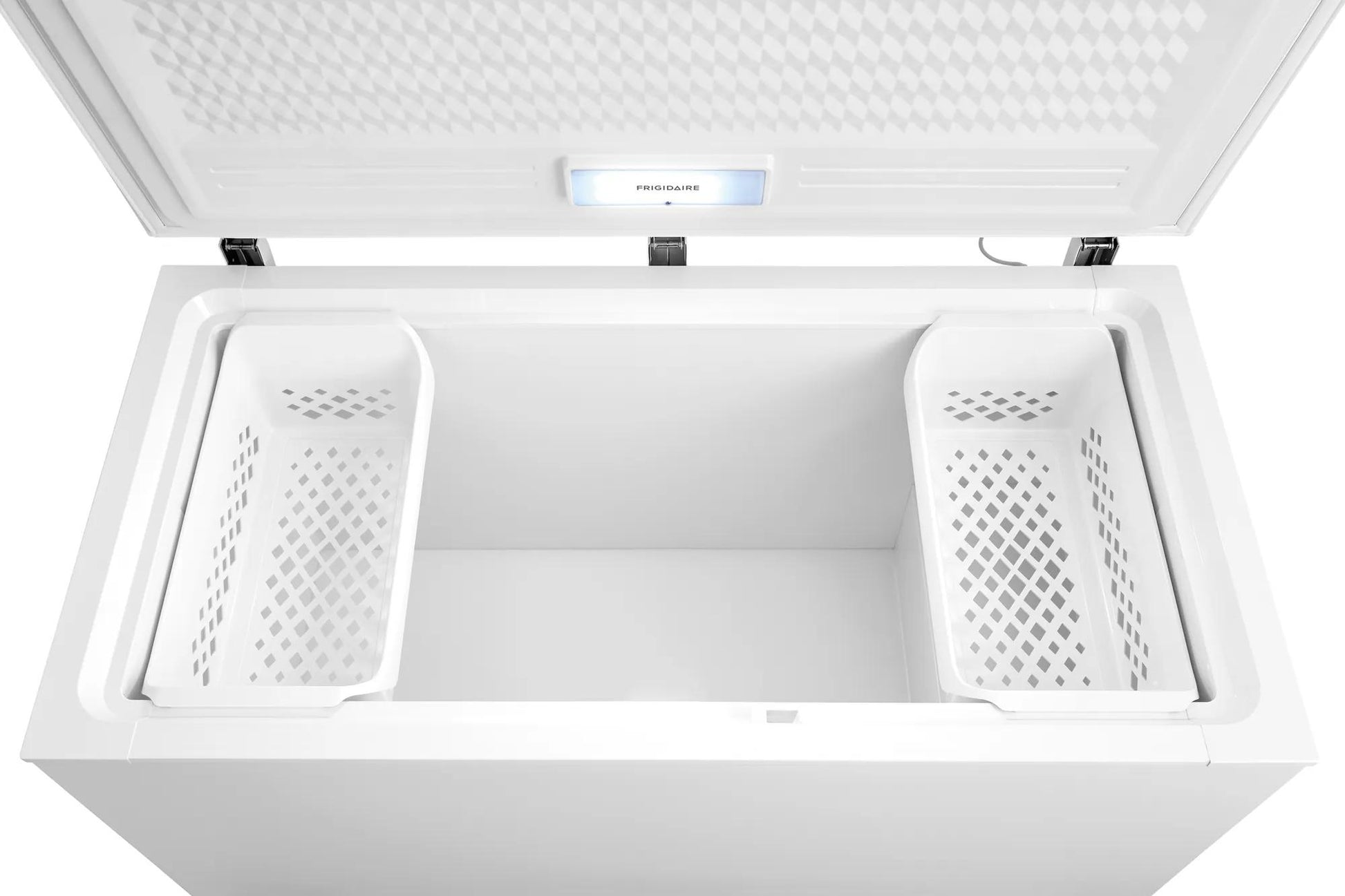 White chest freezer open to reveal spacious interior with two removable storage baskets in appliance collections
