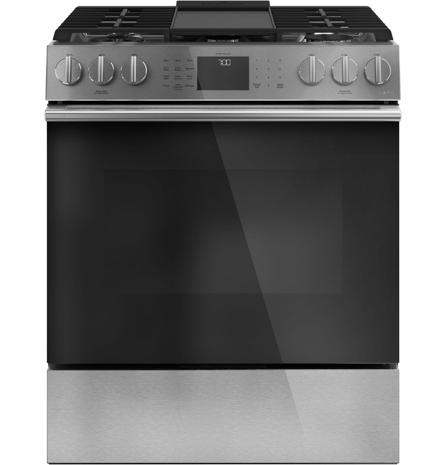 Front view of platinum glass slide-in gas range with convection oven and digital control panel from Ranges collection