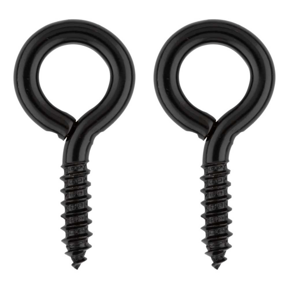 Pair of black Storm Shine screw eyes with threaded shafts for secure fastening in hardware and hooks & eyes collections