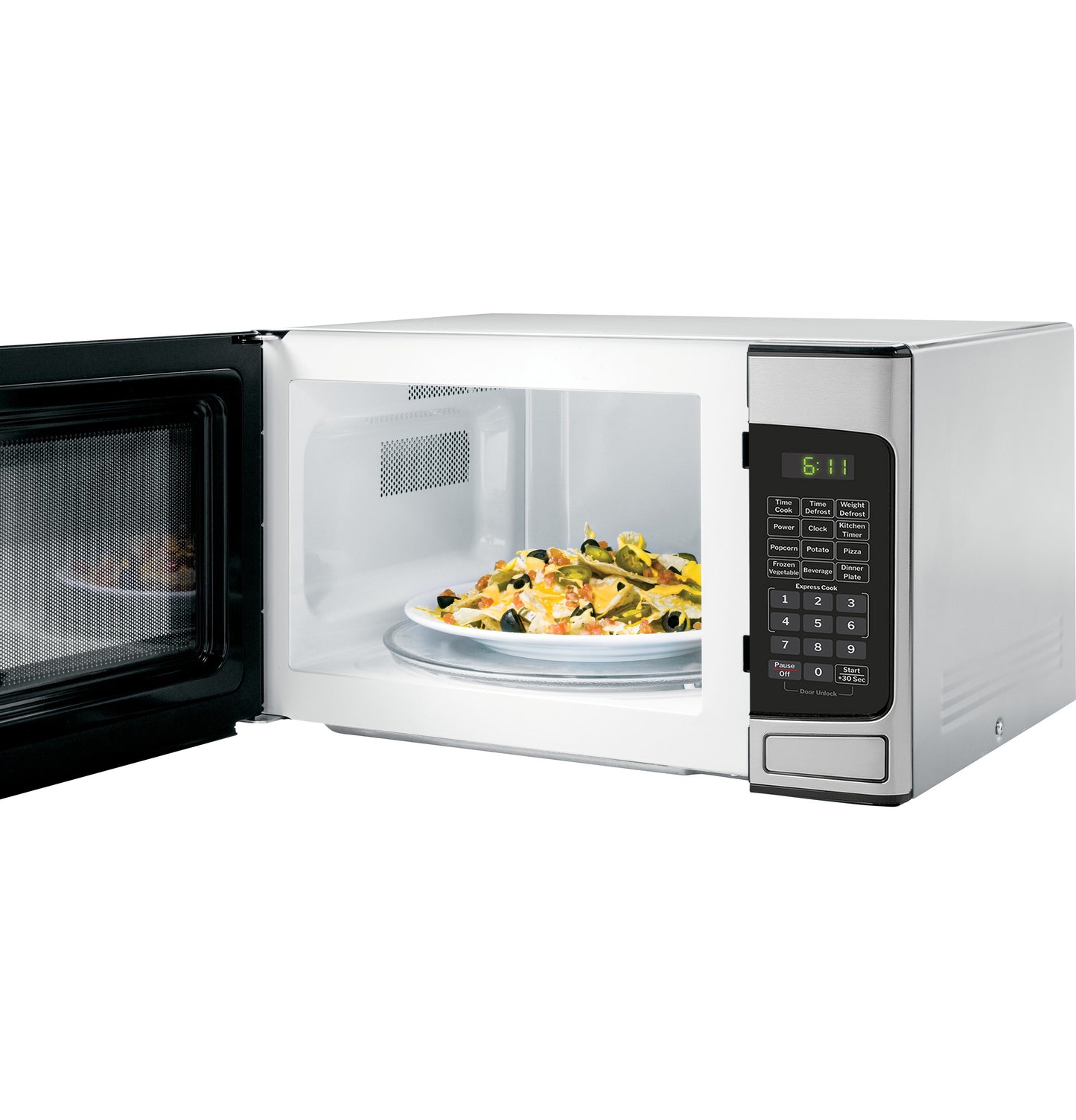 Countertop microwave oven in white with digital control panel and plate of nachos inside from kitchenware appliances collection
