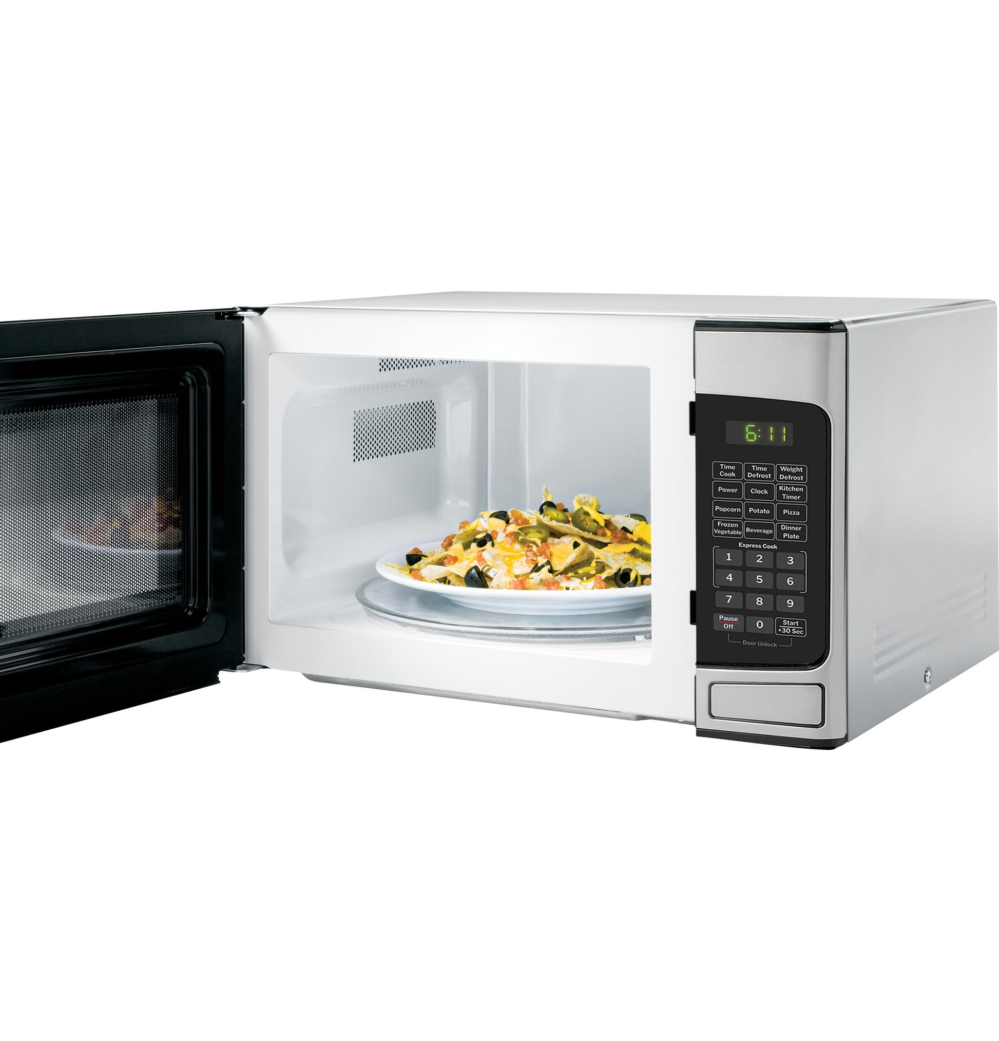 Countertop microwave oven in white with digital control panel and plate of nachos inside from kitchenware appliances collection