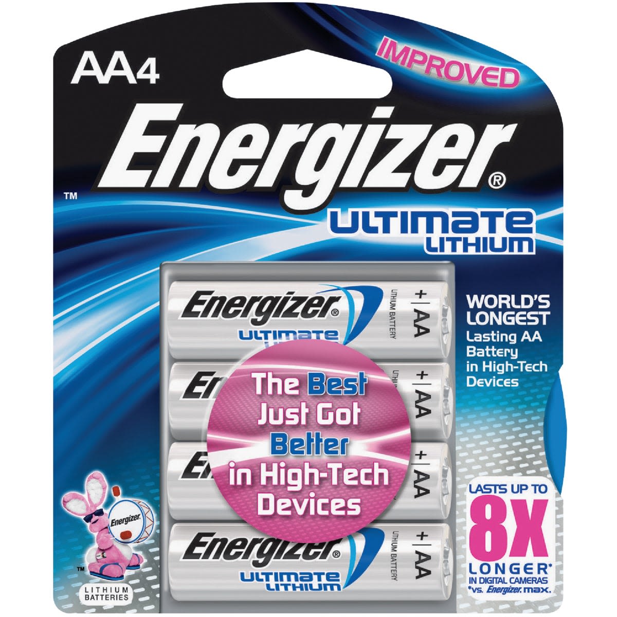 Package of four Energizer AA lithium batteries designed for long-lasting power in high-tech tools and home improvement devices