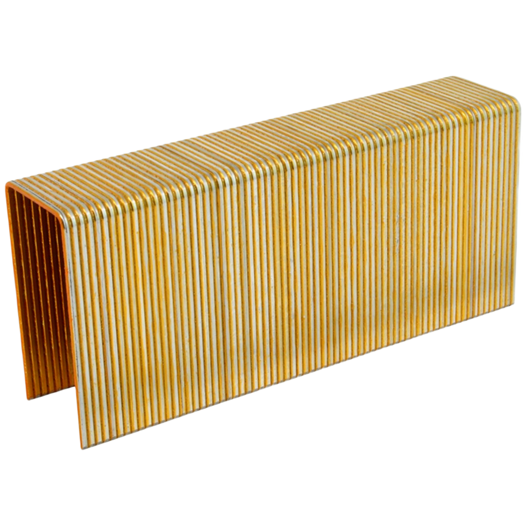 Stack of galvanized 16 gauge wide crown staples for heavy-duty fastening in home improvement and tools projects