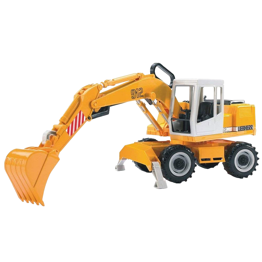 Yellow and white Bruder Liebherr toy excavator with rotating cab and functional shovel arm in Vehicles & Remote Controlled Toys collection