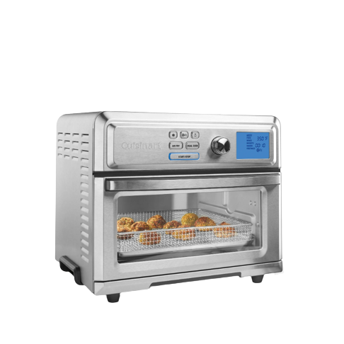 Stainless steel airfryer toaster oven with digital controls and mesh basket cooking assorted snacks for home use