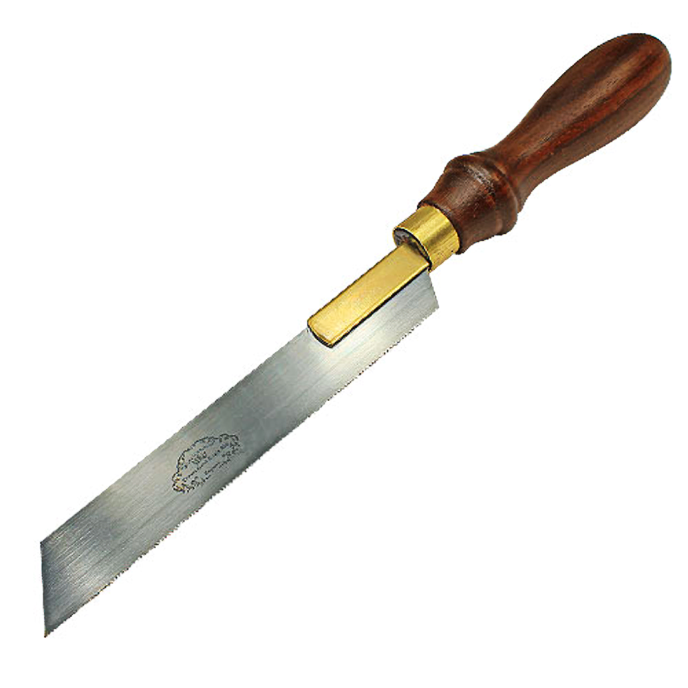 Hand saw with angled teeth and polished wooden handle for precise flush cuts in woodworking projects