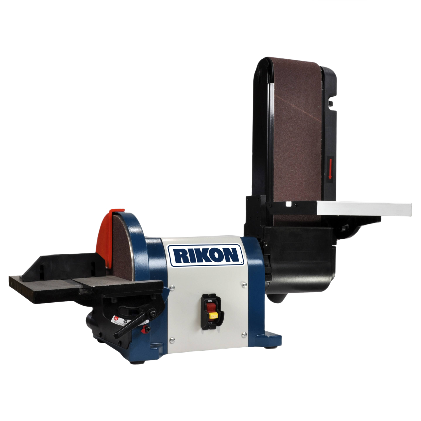 Combination belt and disc sander with adjustable work tables for power tool sanding in home improvement tasks