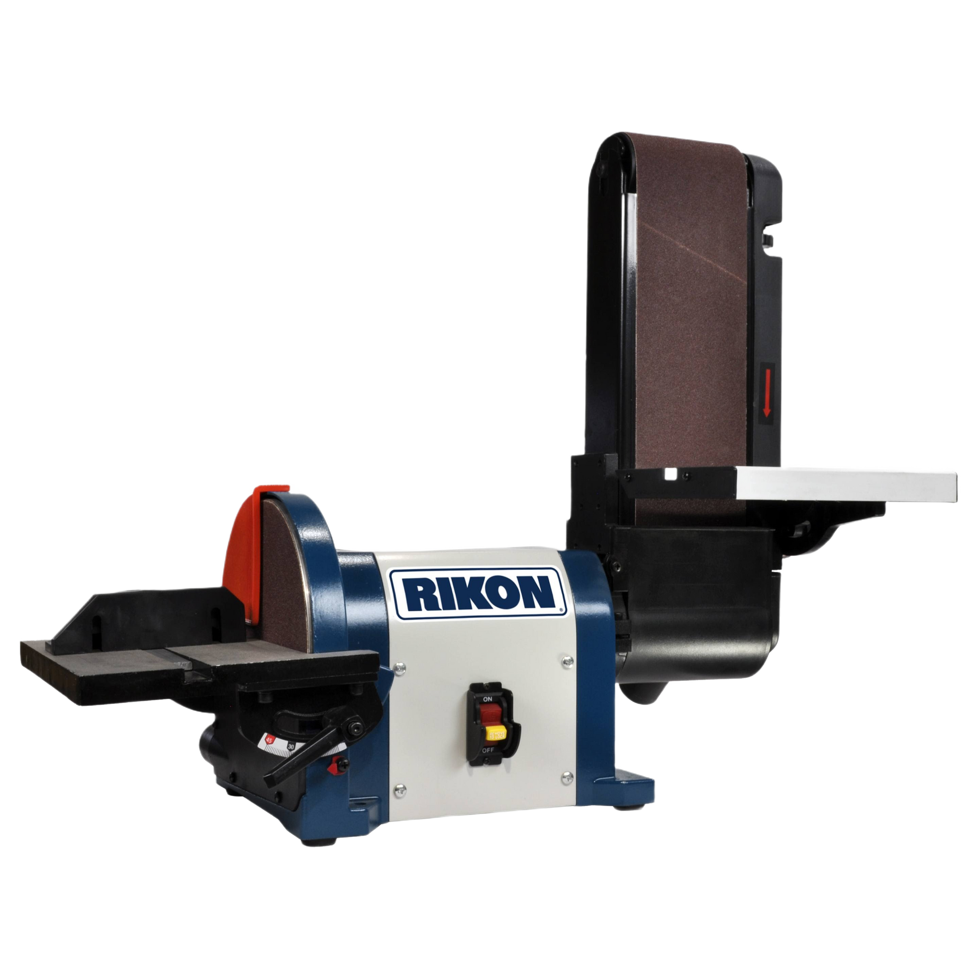 Combination belt and disc sander with adjustable work tables for power tool sanding in home improvement tasks