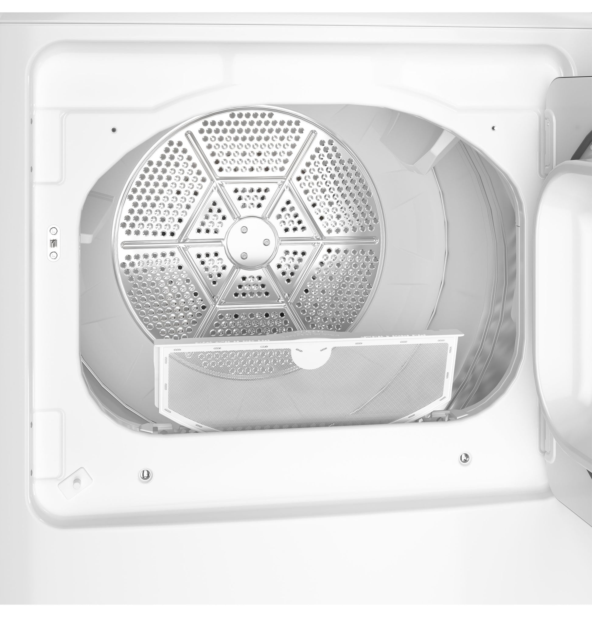 Open white gas dryer interior showing lint filter and metal drum in dryers and appliances collection
