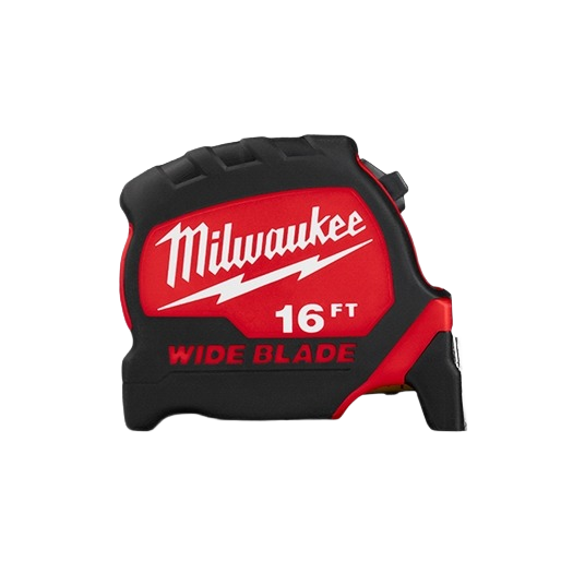 Red and black 16-foot wide blade tape measure designed for tools and home improvement tasks