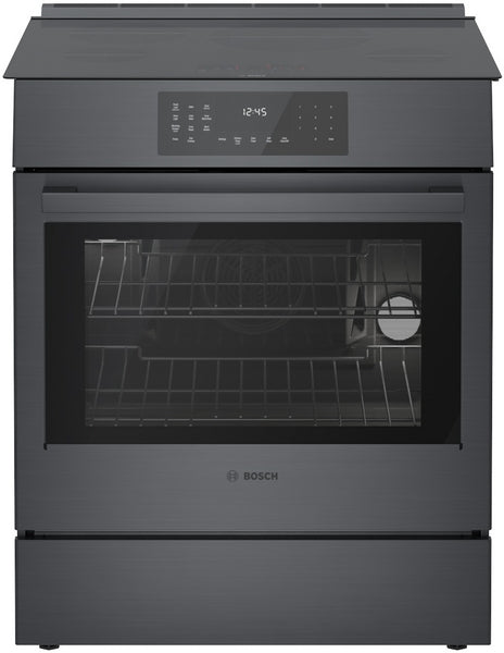 Black stainless steel 30-inch induction slide-in range with digital touch controls and spacious oven interior from Bosch collection