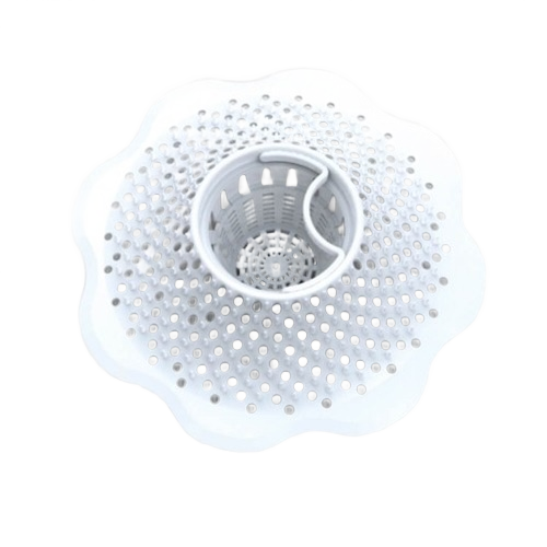 White bathroom tub strainer with flower-shaped design and fine holes for plumbing parts and home improvement use