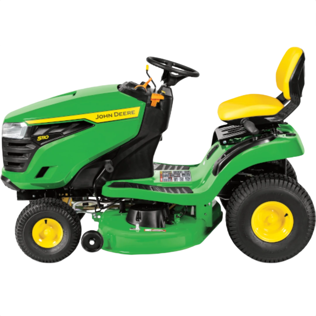 Green and yellow riding lawn tractor with large rear tires and a comfortable padded seat for home improvement use