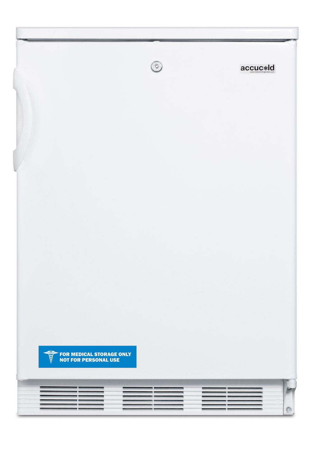 White freestanding medical storage refrigerator with front ventilation grille and side handle for appliance use