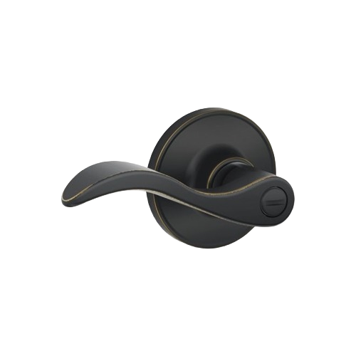 Aged bronze privacy door handle with curved lever and turn-button lock for door hardware and home improvement collections