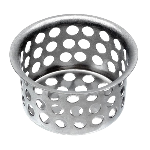 Metal crumb cup with multiple round holes designed for drain protection in home improvement plumbing tasks