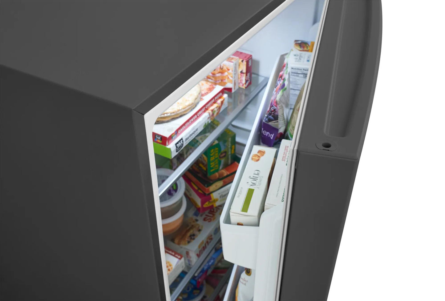 Dark steel finish upright freezer open showing organized frozen food storage with multiple shelves and door compartments from Freezers & Ice Makers collection