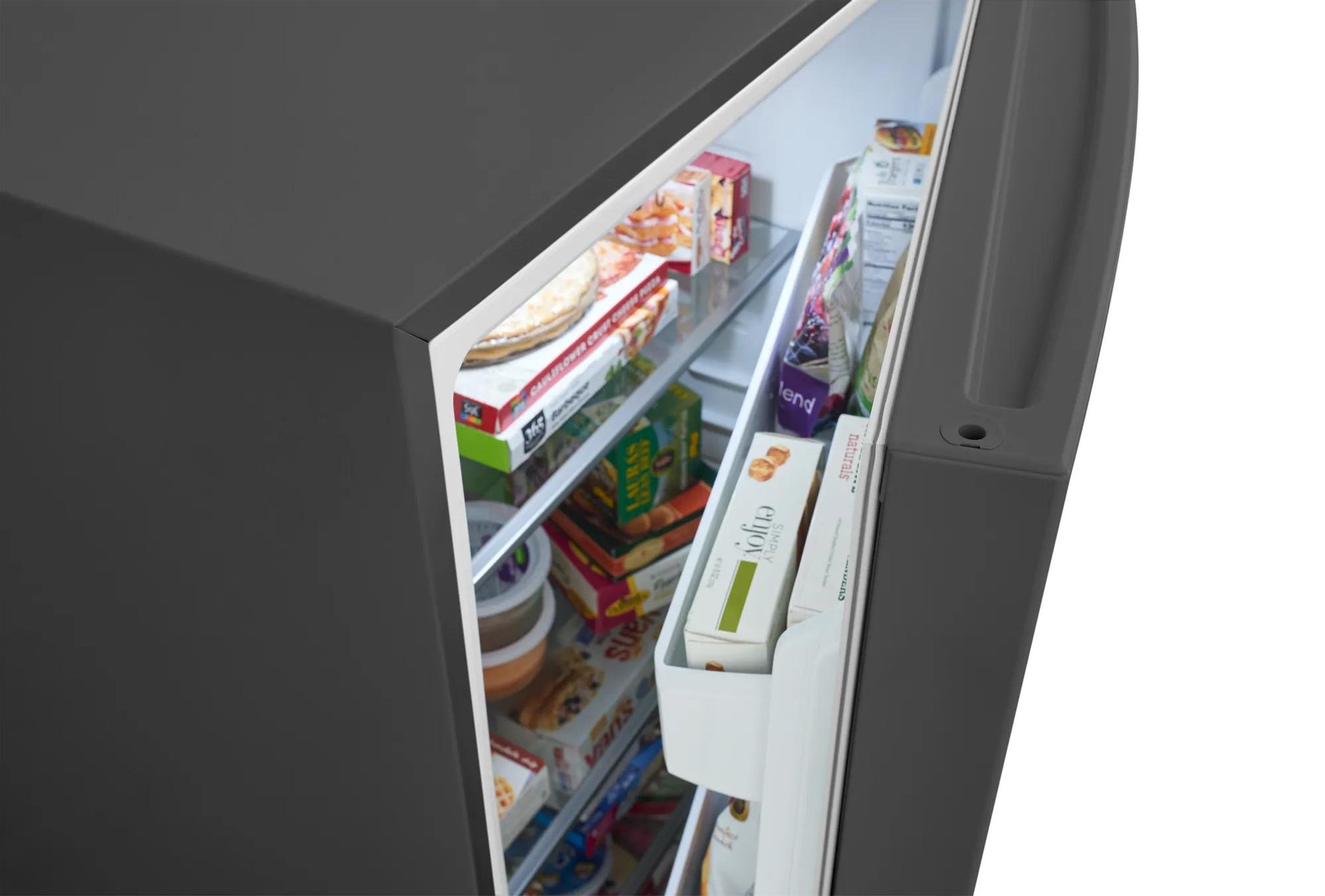 Dark steel finish upright freezer open showing organized frozen food storage with multiple shelves and door compartments from Freezers & Ice Makers collection