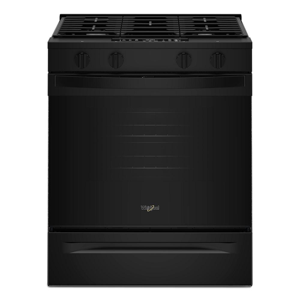 Front view of a black 30-inch gas range featuring four control knobs and a smooth oven door, suitable for kitchen and home improvement collections.