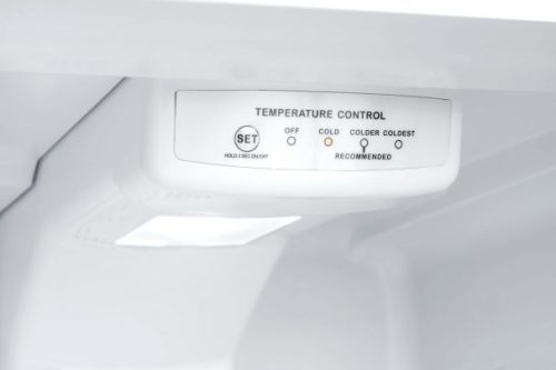 Close-up of temperature control panel inside top freezer refrigerator for kitchen and appliance collections