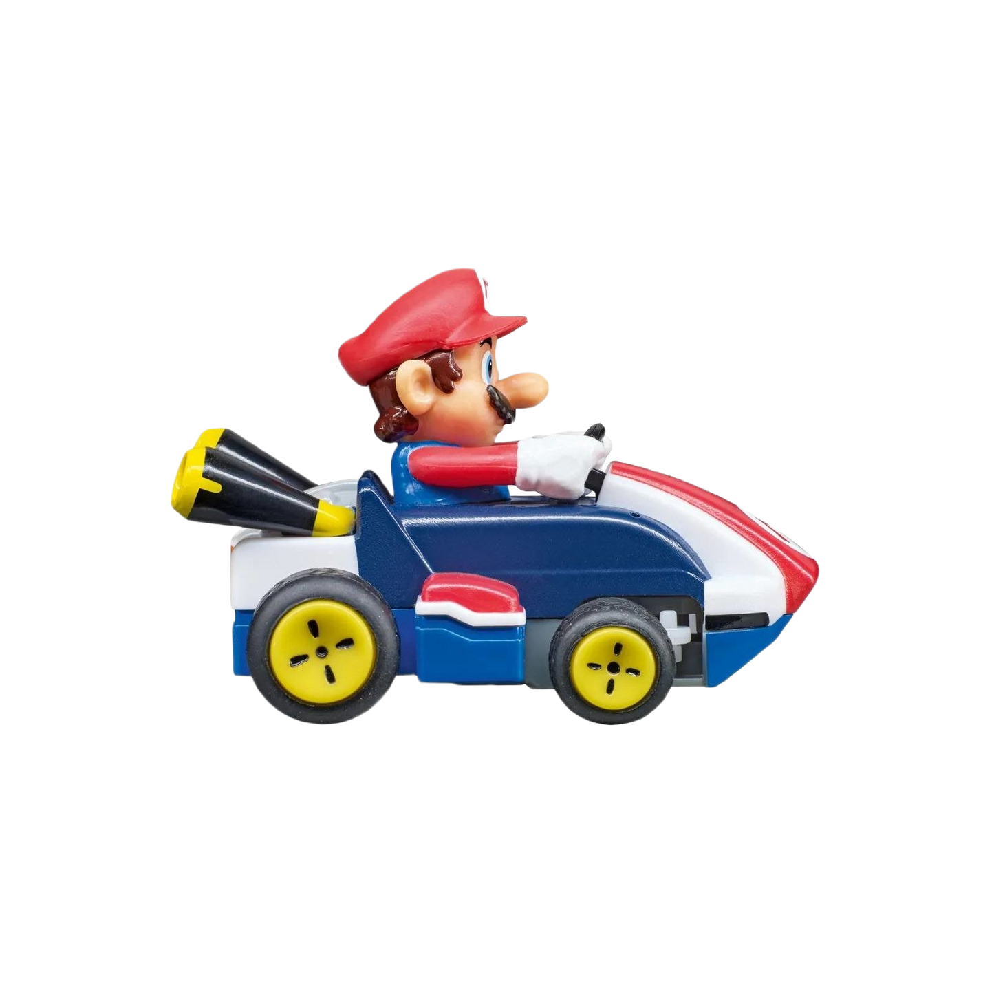 Mini remote control kart featuring a character in red hat and white gloves driving a blue and white vehicle with yellow wheels