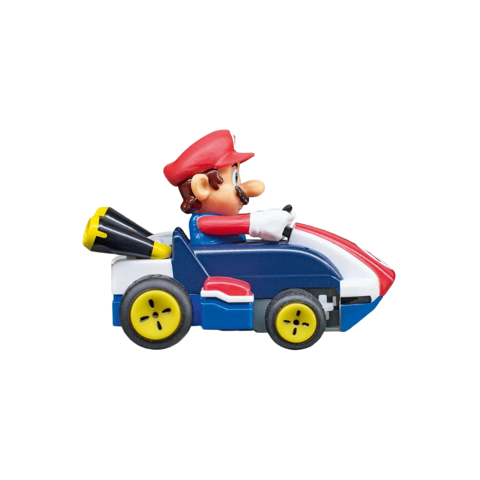 Mini remote control kart featuring a character in red hat and white gloves driving a blue and white vehicle with yellow wheels