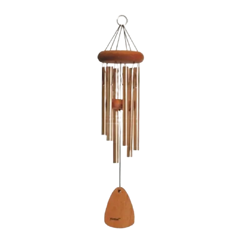 Forest green and natural wood wind chime with metal tubes for outdoor decor and lawn and garden collection under 100 dollars