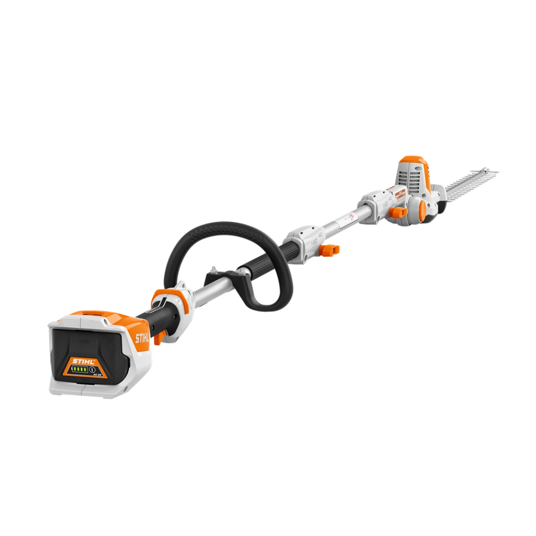 Extended-reach battery-powered hedge trimmer with adjustable handle designed for home improvement and landscaping tasks