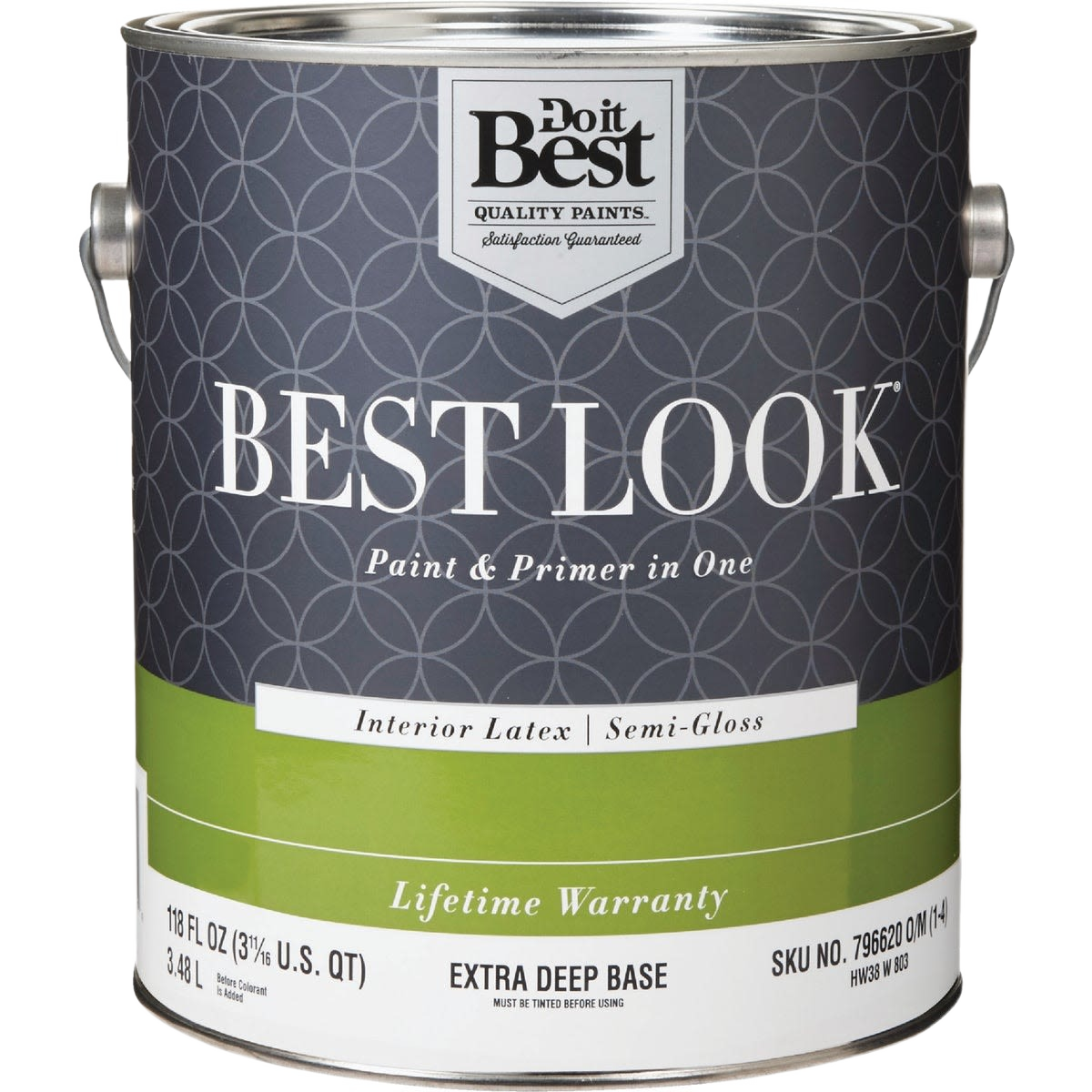 One-gallon can of semi-gloss interior latex paint and primer with extra deep base for home improvement projects