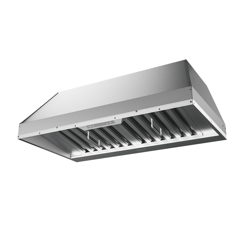 Stainless steel range hood insert with LED lighting and baffle filters in kitchen and appliances collections