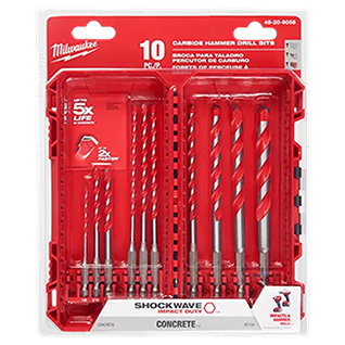 Red hard plastic case with a 10-piece carbide hammer drill bit set for concrete in Milwaukee tool accessories collection