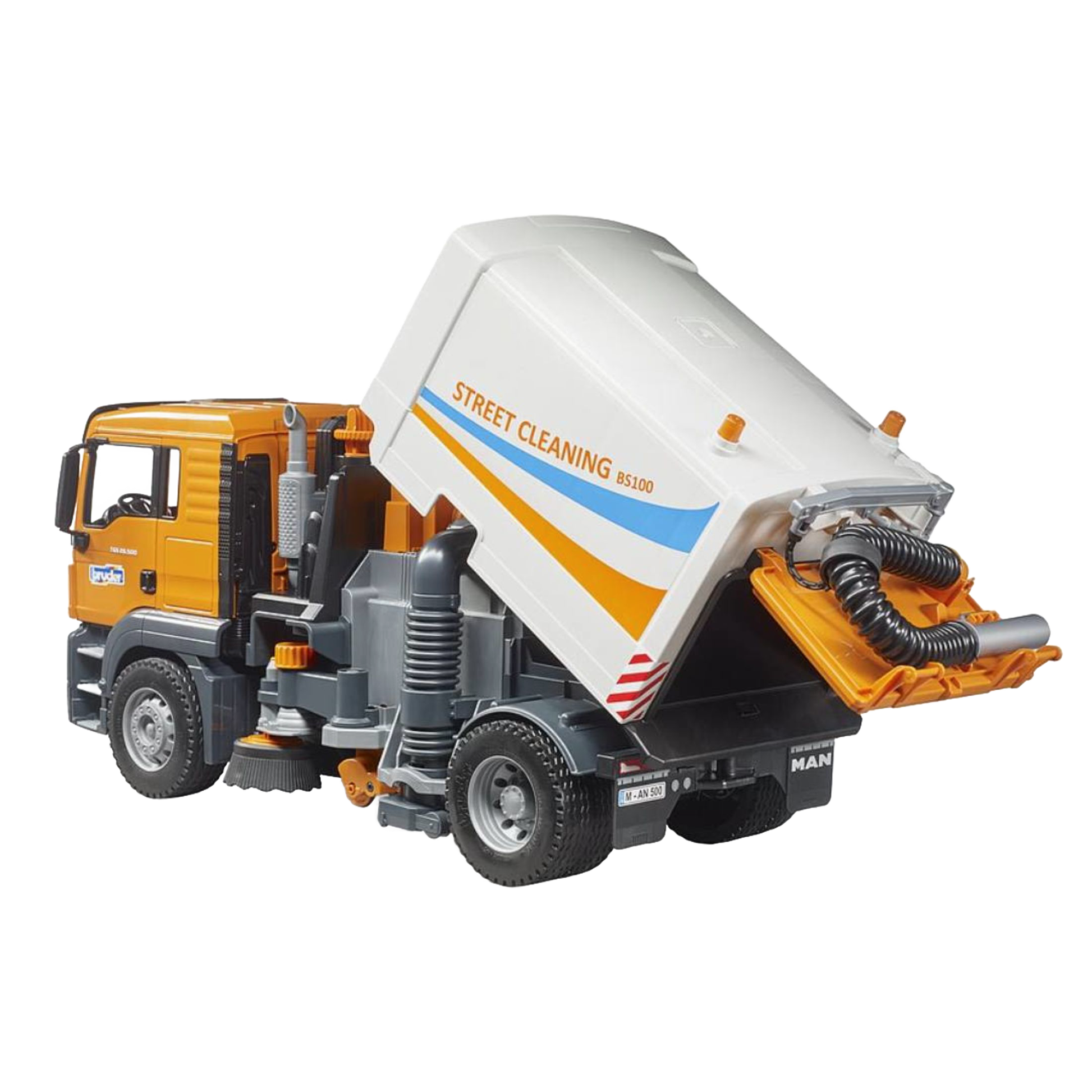 Detailed model of yellow and white street sweeper truck toy with rotating brushes from Bruder Toys collection