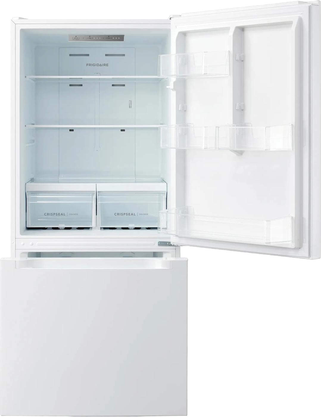 Open white bottom freezer refrigerator displaying adjustable glass shelves, two crisper drawers, and clear door bins, part of Refrigerators and Kitchen & Kitchenware collections.
