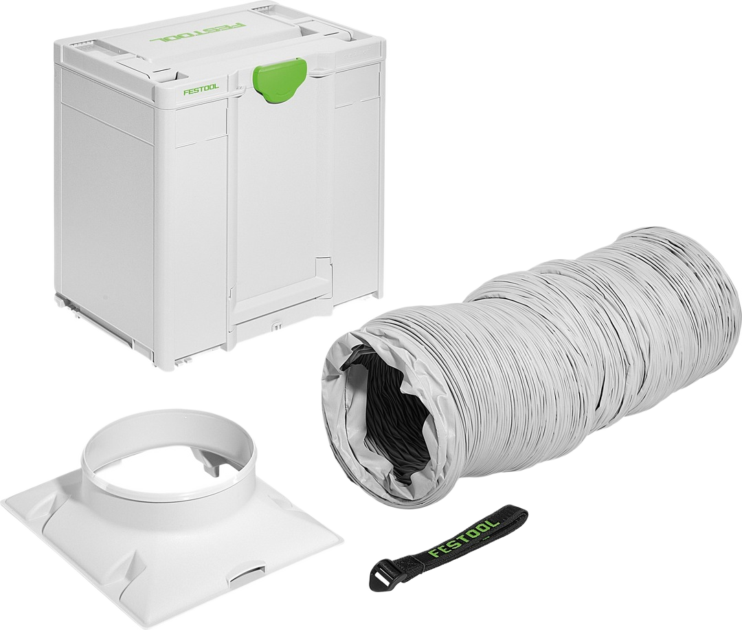Folded white flexible air supply hose with white plastic adapter and compact white storage box for dust collection tools
