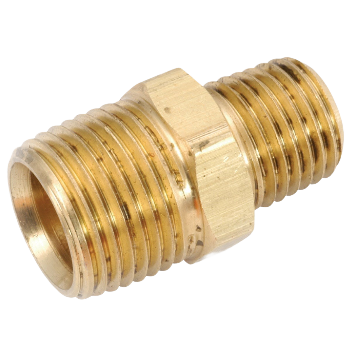 Red brass reducing hex nipple with threaded ends for plumbing connections in pipes and fittings under $50 collection