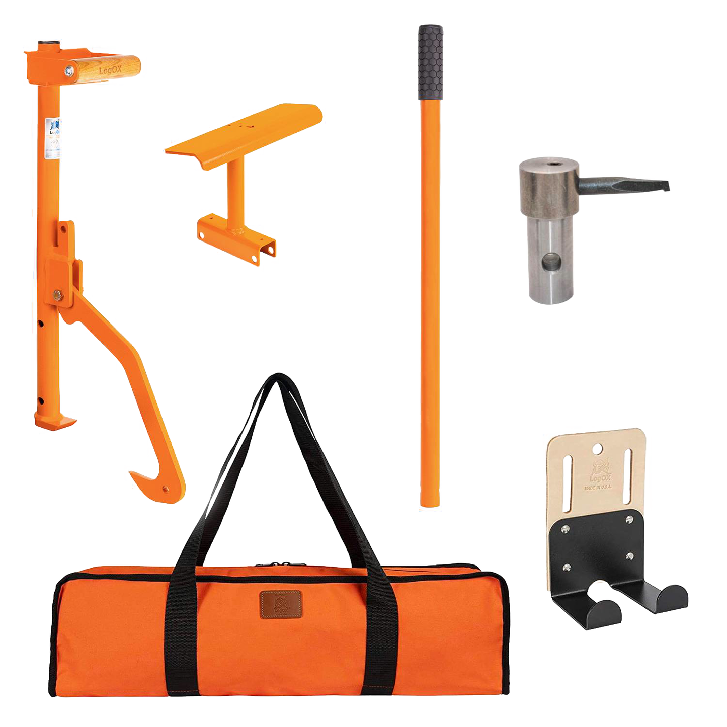 Set of orange LogOX forestry tools and accessories including CarryOX gear bag, timber handling and woodworking tool parts